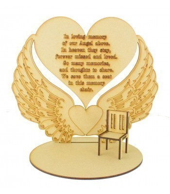 Laser Cut 'In Loving Memory of our Angel above.' Angel Wings Plaque on a Stand with Miniature Chair